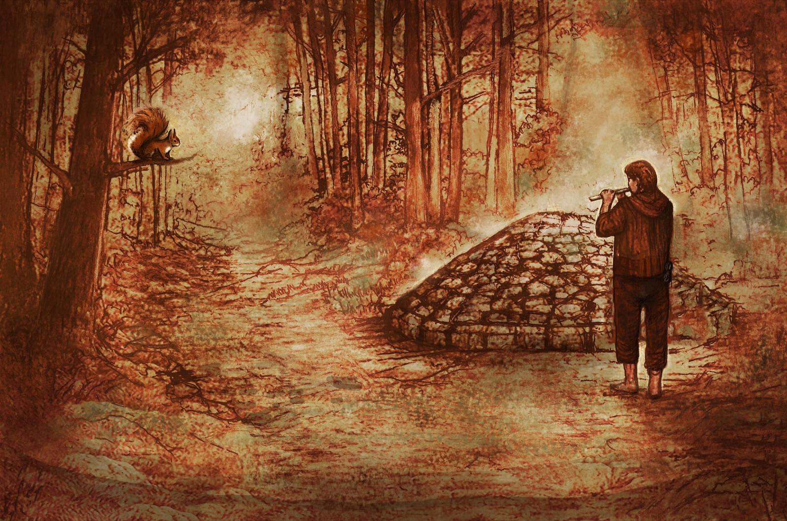 An Oath on Stone cover artwork by James Hutton: a forest with a red squirrel on a branch and a hooded figure with a flute beside a passage tomb.