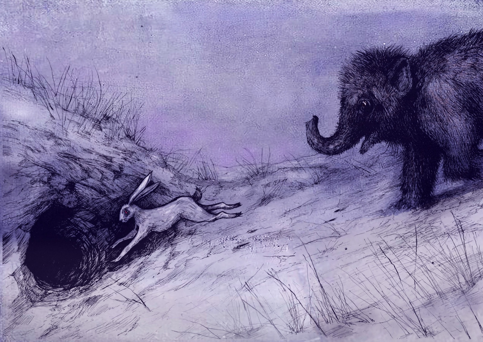 A cave mouth on a frozen landscape; an unnamed hunting band follows a mammoth calf.