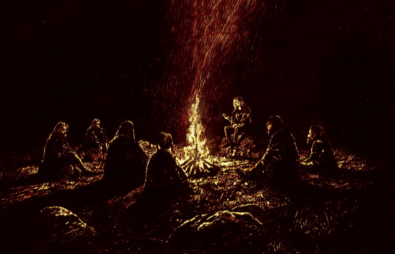 Figures gathered close around a night fire as sparks stream into the dark; the Before the Myth cover artwork.