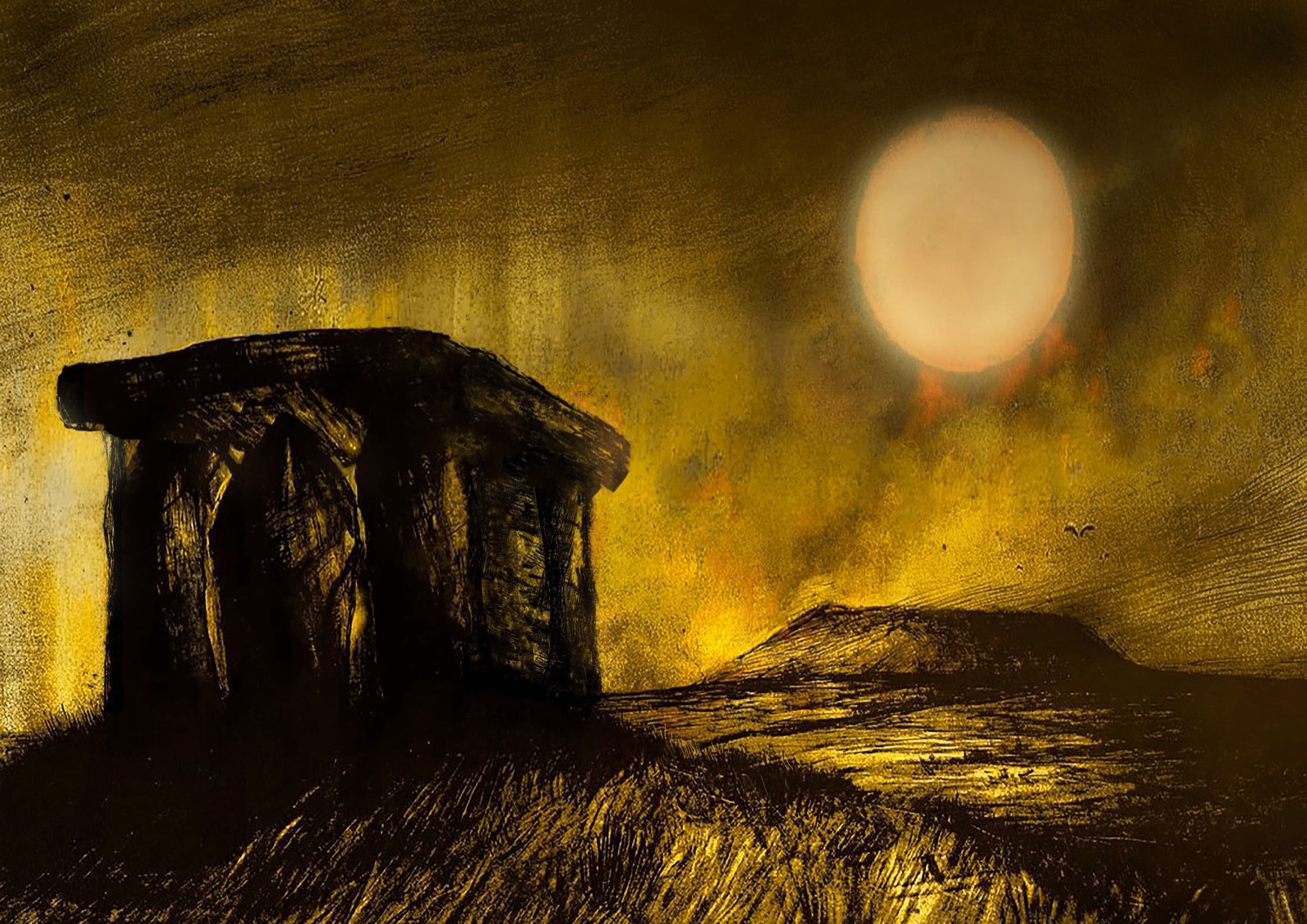 Carrowmore at dawn; a stone complex under a paling sky.