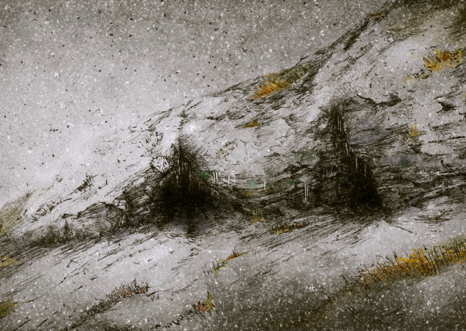 Snow at the edge of a cave in Co. Clare; the world before the sky burned.