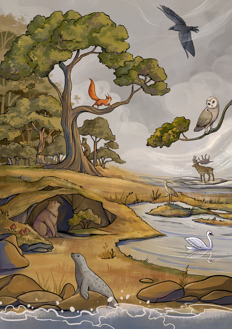 Irish landscape with nine native animal narrators: a red squirrel in a tree, raven in flight, barn owl on a branch, Irish elk in water, brown bear at a cave, curlew and mute swan on a river, grey seal on the rocks. Illustration by Anastasia Khmelevska.